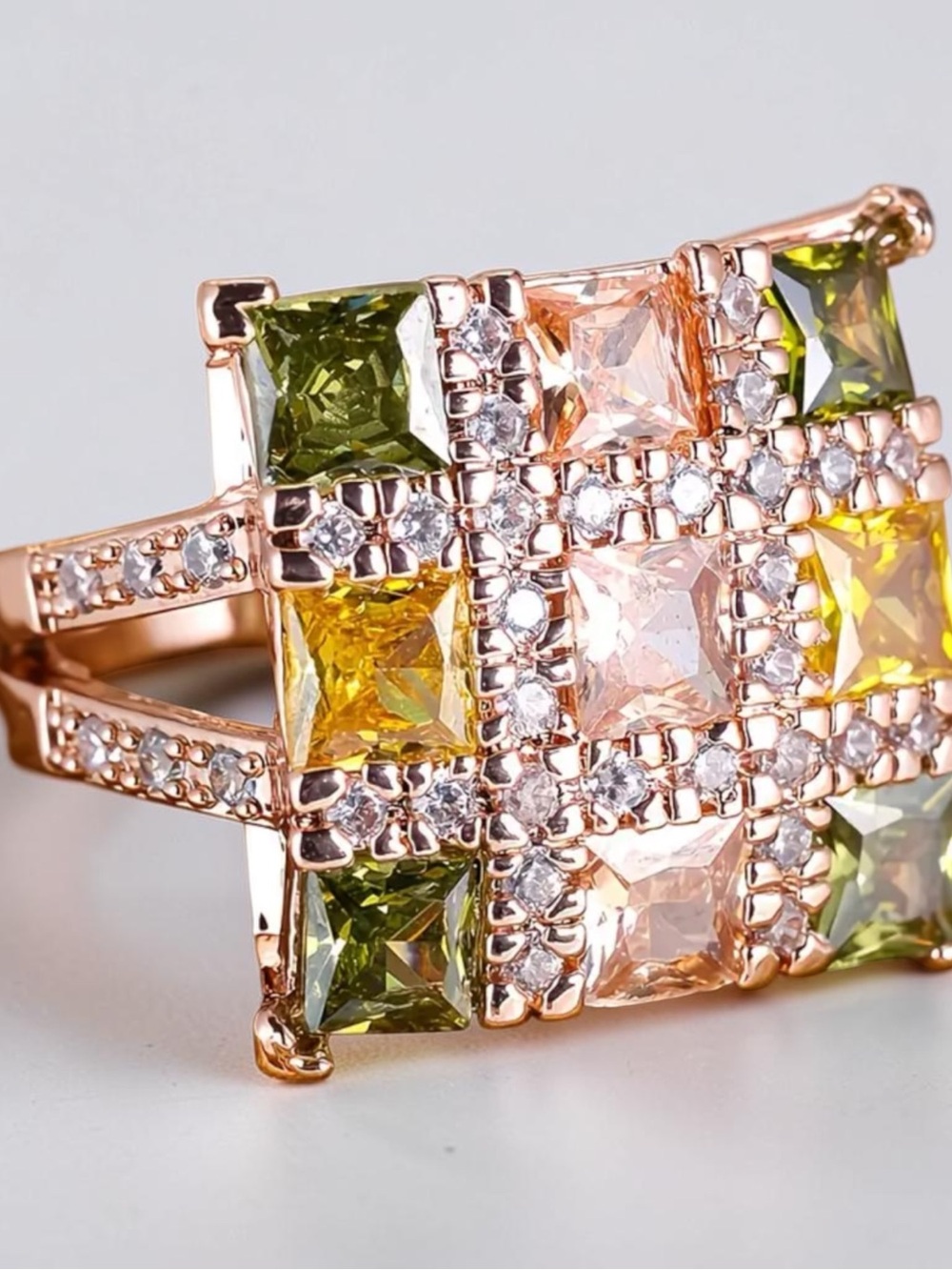 Rose Gold Multi-Stone Square Cocktail Ring in Green and Peach